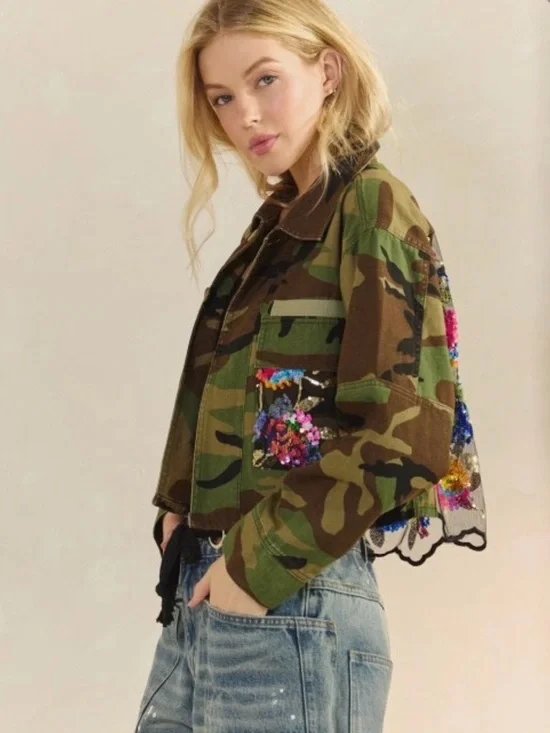 Camo Utility Jacket with Multicolor Sequin Floral Back - Picture 5 of 6